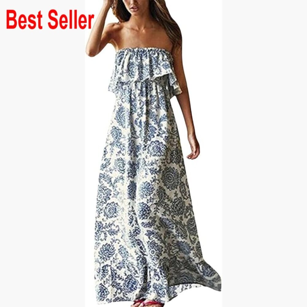 Rayon Spandex Off Shoulder Maxi Dress Strapless Ruffle Boho Casual